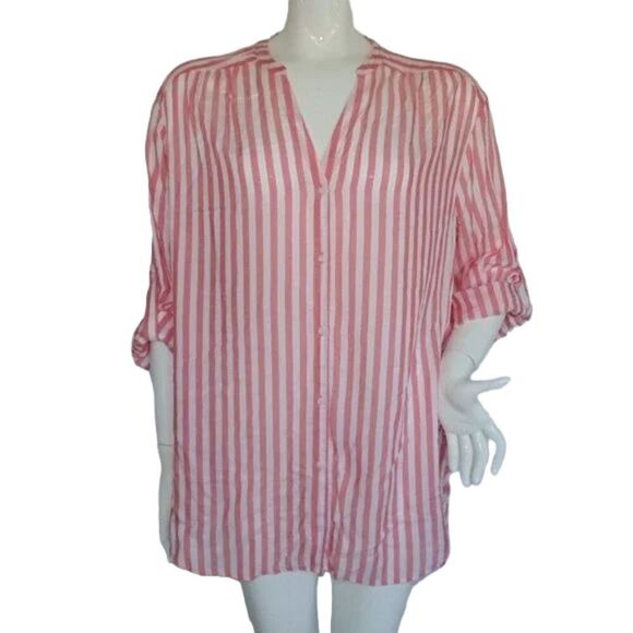 new A.N.A. Top, L, Tigerlilly, Coral/White, stripes, Lace up sides, Buttons, LS - Picture 1 of 11